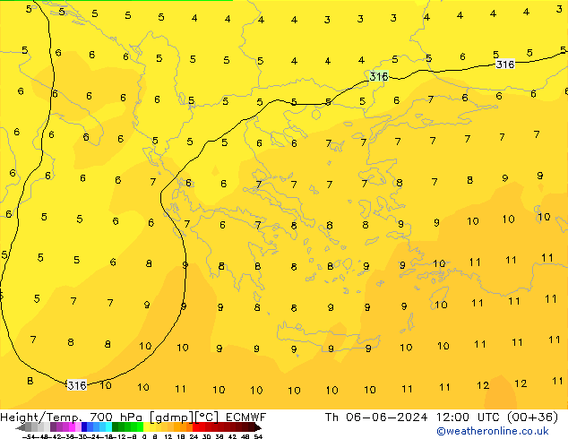 Height/Temp. 700 hPa ECMWF  06.06.2024 12 UTC