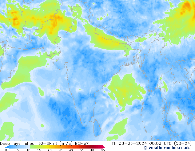 Deep layer shear (0-6km) ECMWF jue 06.06.2024 00 UTC