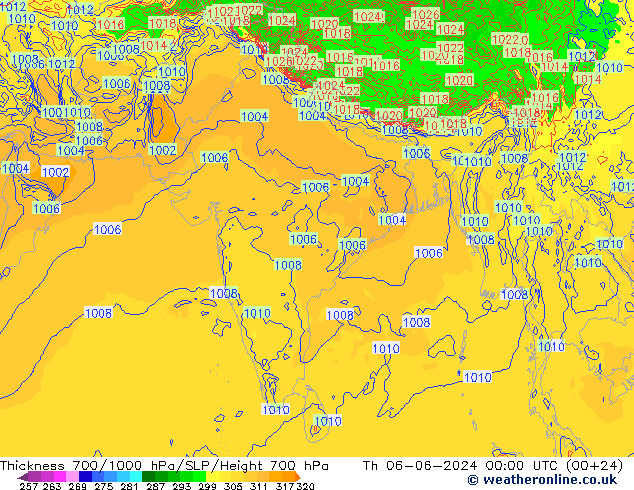 Thck 700-1000 гПа ECMWF чт 06.06.2024 00 UTC