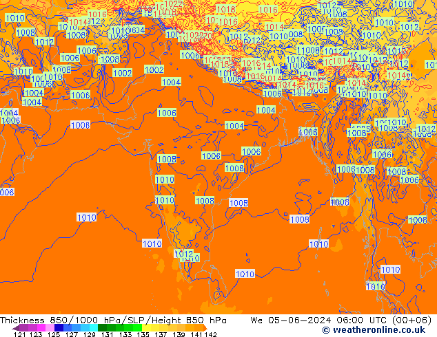 Thck 850-1000 hPa ECMWF mer 05.06.2024 06 UTC