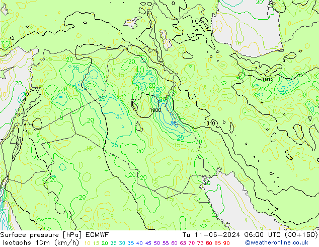 Isotachs (kph) ECMWF Tu 11.06.2024 06 UTC