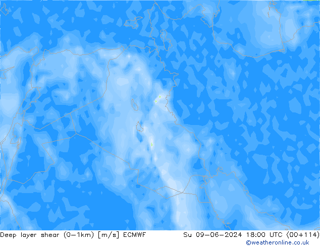 Deep layer shear (0-1km) ECMWF Su 09.06.2024 18 UTC