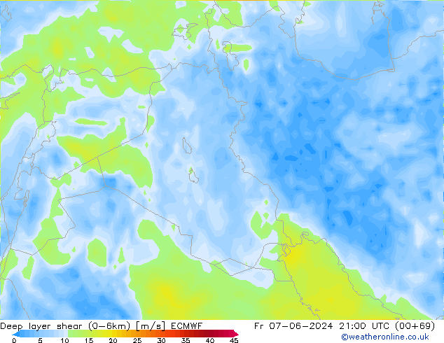 Deep layer shear (0-6km) ECMWF Fr 07.06.2024 21 UTC