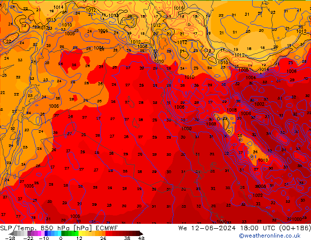 SLP/Temp. 850 гПа ECMWF ср 12.06.2024 18 UTC