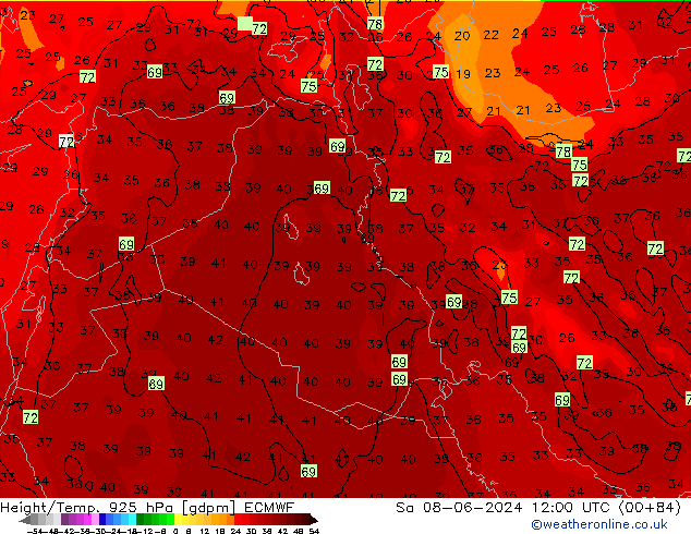 Geop./Temp. 925 hPa ECMWF sáb 08.06.2024 12 UTC