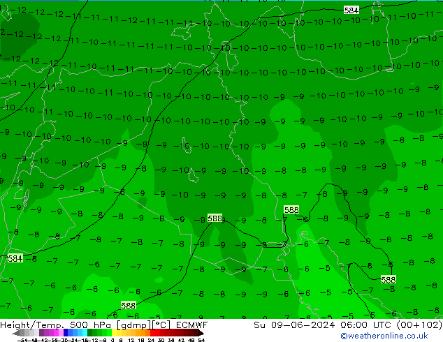 Z500/Rain (+SLP)/Z850 ECMWF Su 09.06.2024 06 UTC