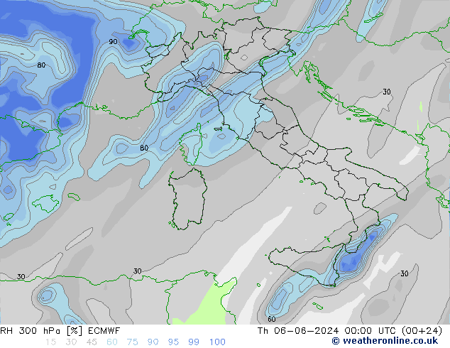 RH 300 гПа ECMWF чт 06.06.2024 00 UTC