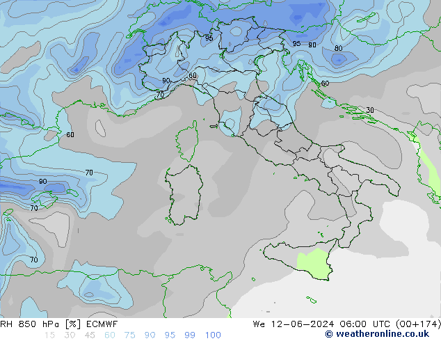 RH 850 hPa ECMWF We 12.06.2024 06 UTC