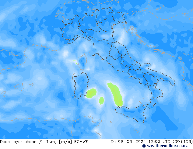 Deep layer shear (0-1km) ECMWF So 09.06.2024 12 UTC