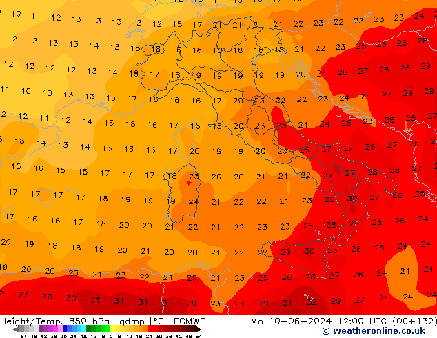 Hoogte/Temp. 850 hPa ECMWF ma 10.06.2024 12 UTC