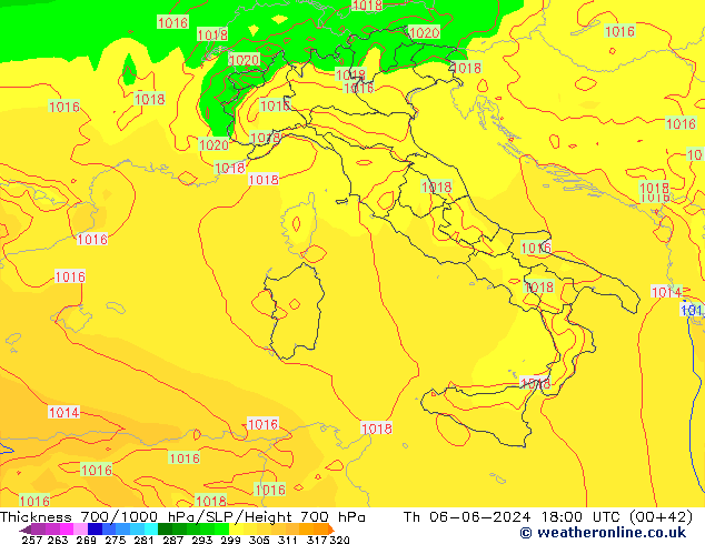 Thck 700-1000 гПа ECMWF чт 06.06.2024 18 UTC