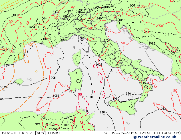 Theta-e 700hPa ECMWF So 09.06.2024 12 UTC