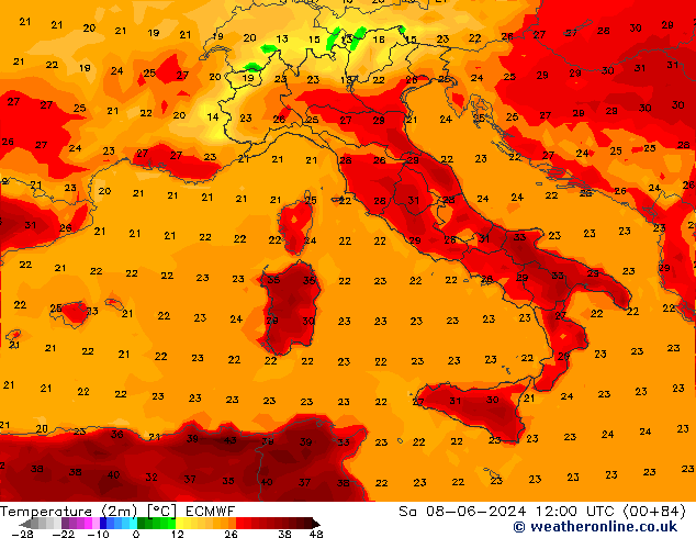 température (2m) ECMWF sam 08.06.2024 12 UTC