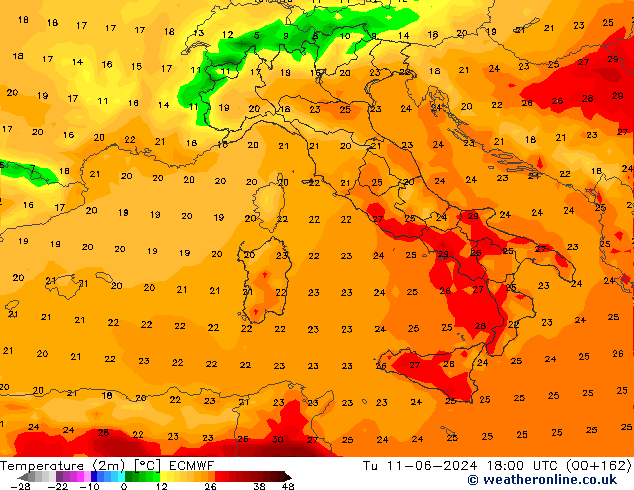 Temperature (2m) ECMWF Út 11.06.2024 18 UTC