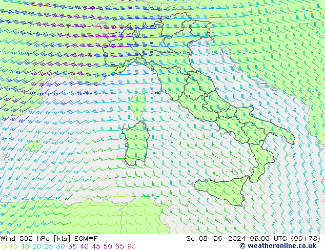 Vento 500 hPa ECMWF Sáb 08.06.2024 06 UTC