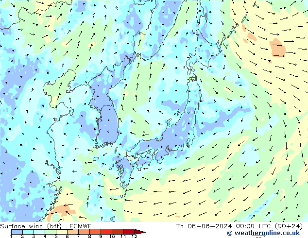 Wind 10 m (bft) ECMWF do 06.06.2024 00 UTC