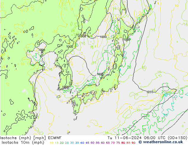 Isotachs (mph) ECMWF Tu 11.06.2024 06 UTC