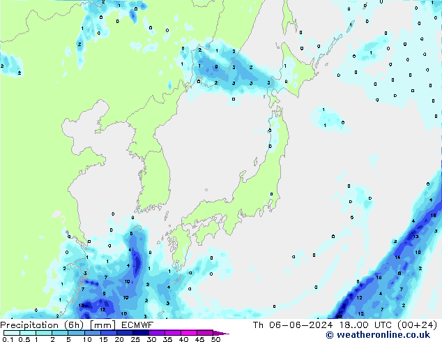 Totale neerslag (6h) ECMWF do 06.06.2024 00 UTC