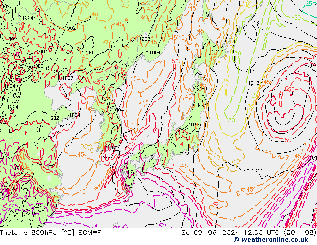 Theta-e 850hPa ECMWF zo 09.06.2024 12 UTC