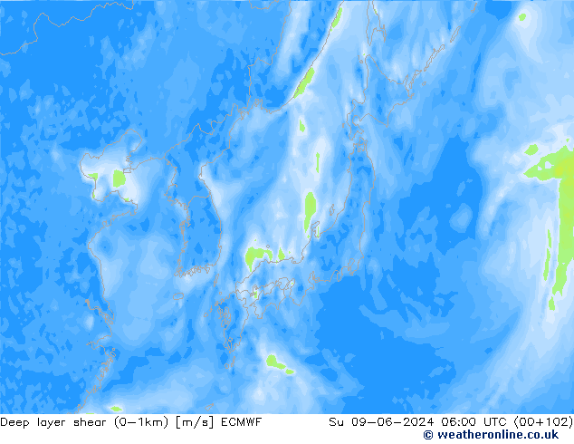 Deep layer shear (0-1km) ECMWF dom 09.06.2024 06 UTC