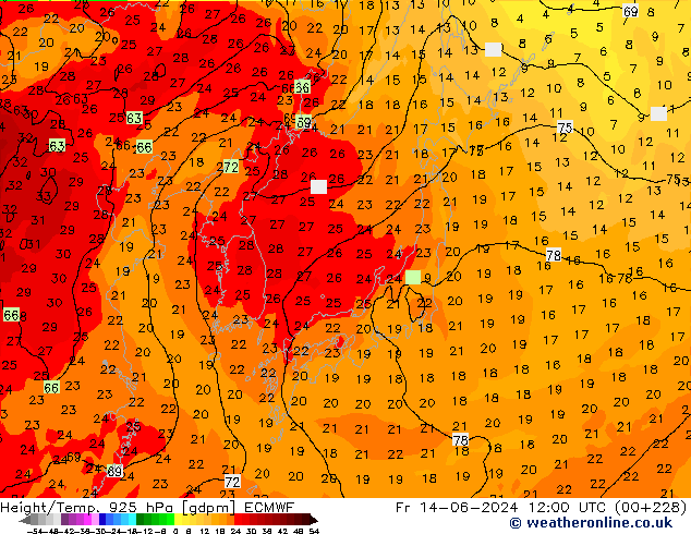 Hoogte/Temp. 925 hPa ECMWF vr 14.06.2024 12 UTC