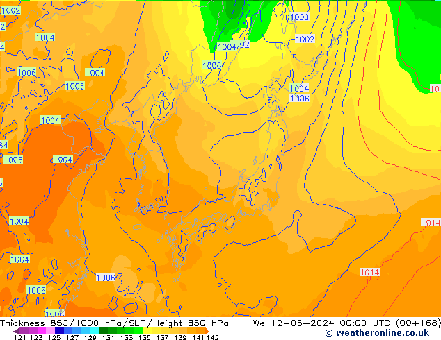 Dikte 850-1000 hPa ECMWF wo 12.06.2024 00 UTC