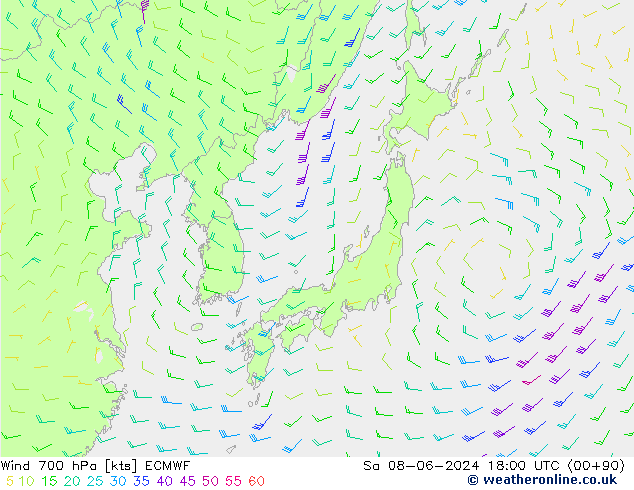 Wind 700 hPa ECMWF za 08.06.2024 18 UTC