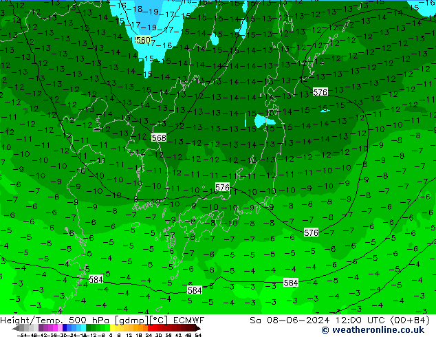 Hoogte/Temp. 500 hPa ECMWF za 08.06.2024 12 UTC