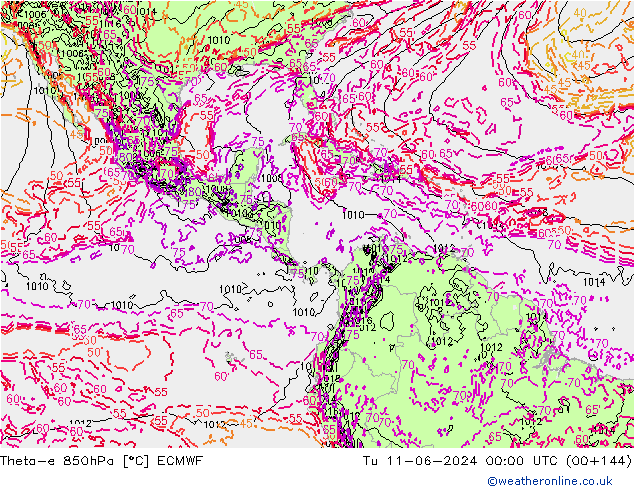 Theta-e 850hPa ECMWF wto. 11.06.2024 00 UTC