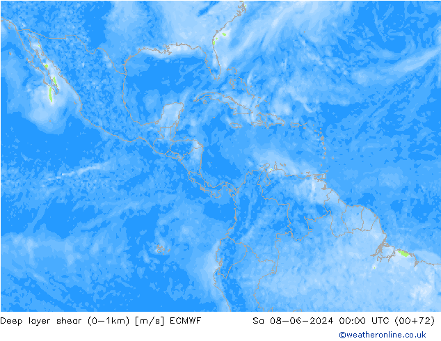 Deep layer shear (0-1km) ECMWF Sa 08.06.2024 00 UTC