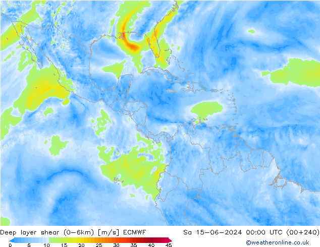 Deep layer shear (0-6km) ECMWF Sa 15.06.2024 00 UTC