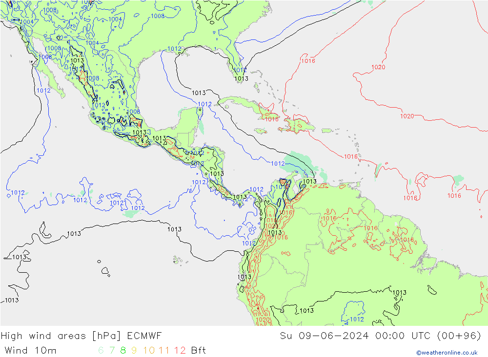 Izotacha ECMWF nie. 09.06.2024 00 UTC