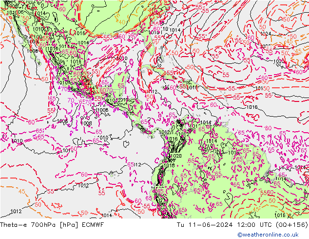 Theta-e 700hPa ECMWF mar 11.06.2024 12 UTC