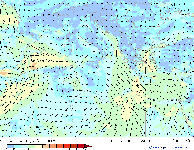 Rüzgar 10 m (bft) ECMWF Cu 07.06.2024 18 UTC