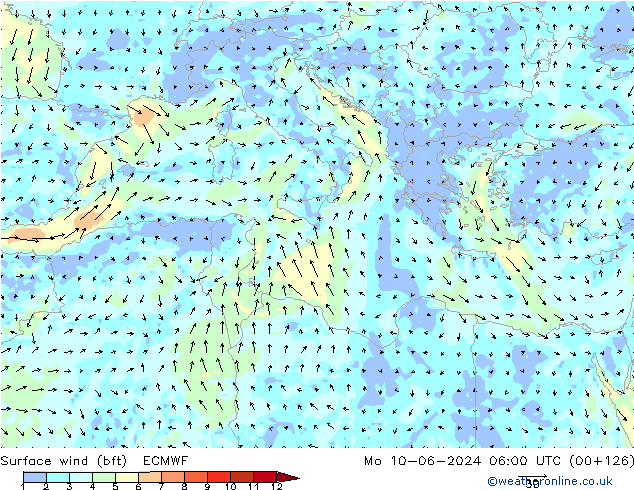 Rüzgar 10 m (bft) ECMWF Pzt 10.06.2024 06 UTC