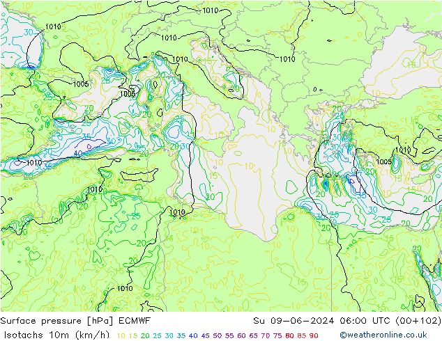 Isotachs (kph) ECMWF  09.06.2024 06 UTC