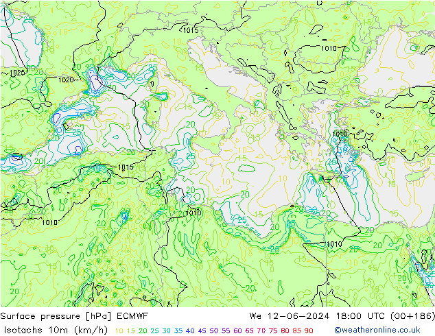 Isotachs (kph) ECMWF We 12.06.2024 18 UTC