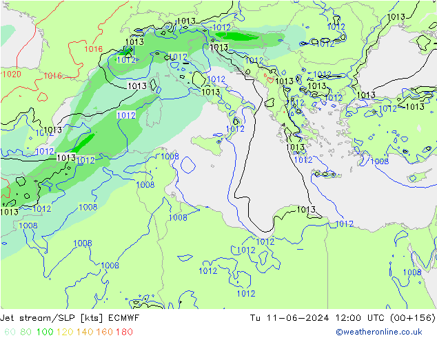 Jet stream/SLP ECMWF Út 11.06.2024 12 UTC