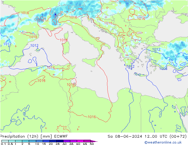 Precipitation (12h) ECMWF Sa 08.06.2024 00 UTC