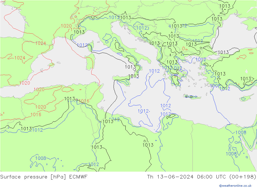 Surface pressure ECMWF Th 13.06.2024 06 UTC