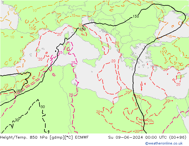 Z500/Yağmur (+YB)/Z850 ECMWF Paz 09.06.2024 00 UTC