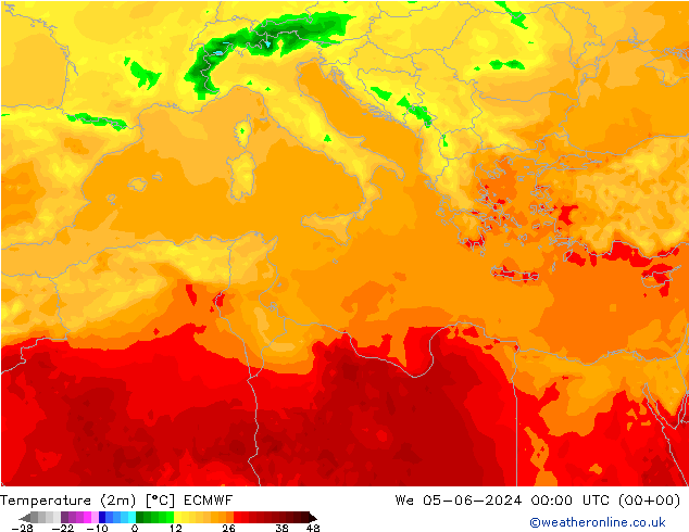 Temperatuurkaart (2m) ECMWF wo 05.06.2024 00 UTC