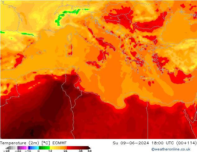 Temperature (2m) ECMWF Su 09.06.2024 18 UTC