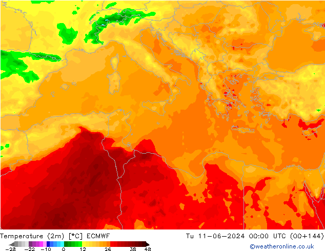 Temperature (2m) ECMWF Tu 11.06.2024 00 UTC