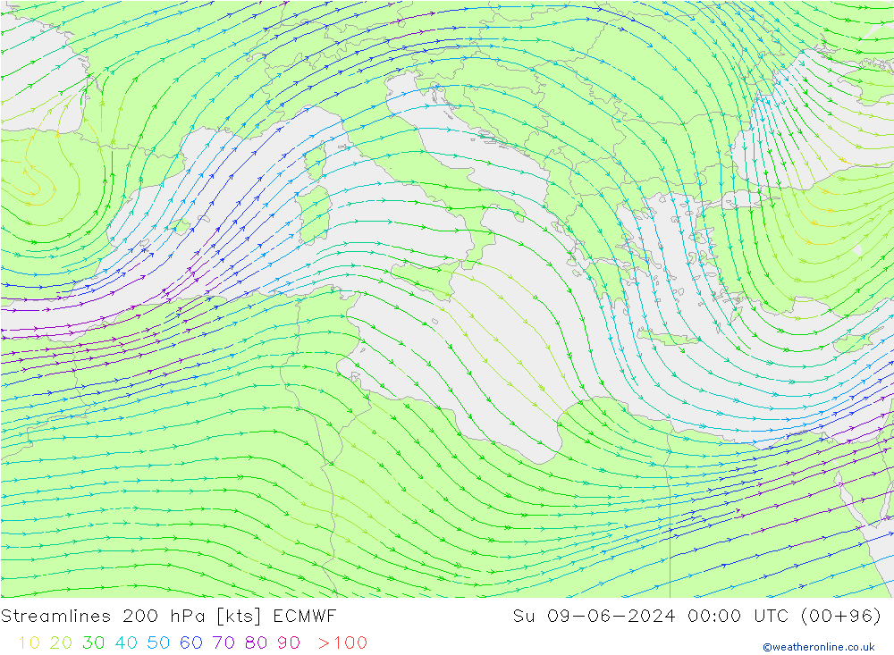 Linia prądu 200 hPa ECMWF nie. 09.06.2024 00 UTC