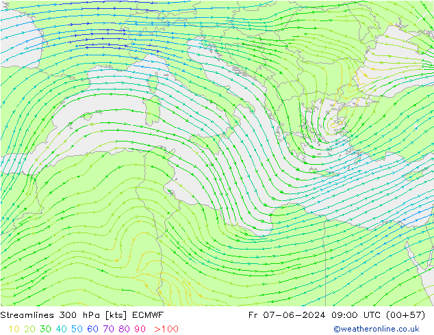 Streamlines 300 hPa ECMWF Fr 07.06.2024 09 UTC