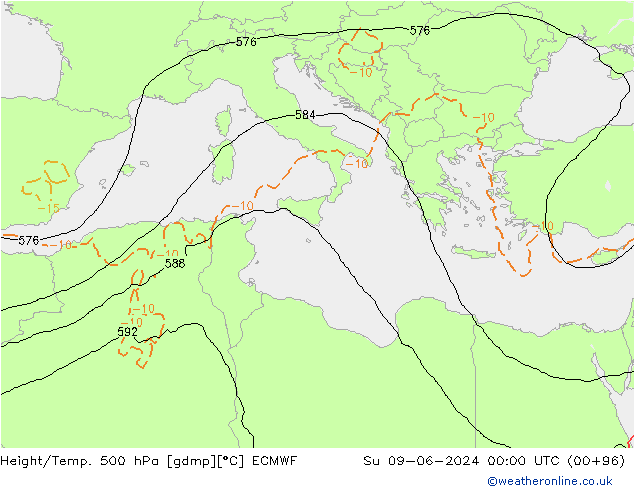 Z500/Yağmur (+YB)/Z850 ECMWF Paz 09.06.2024 00 UTC