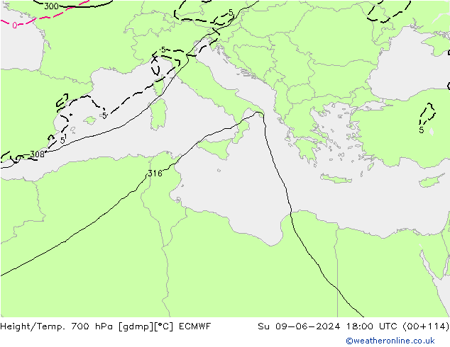 Height/Temp. 700 hPa ECMWF Su 09.06.2024 18 UTC