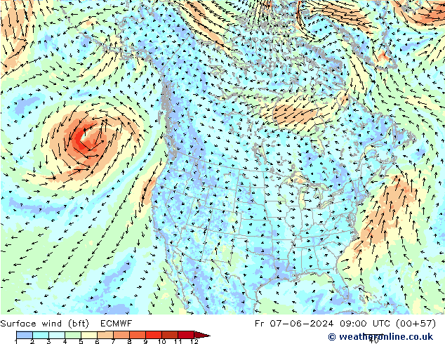 Surface wind (bft) ECMWF Fr 07.06.2024 09 UTC