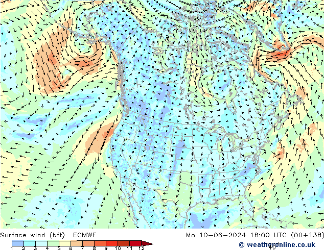 Surface wind (bft) ECMWF Mo 10.06.2024 18 UTC